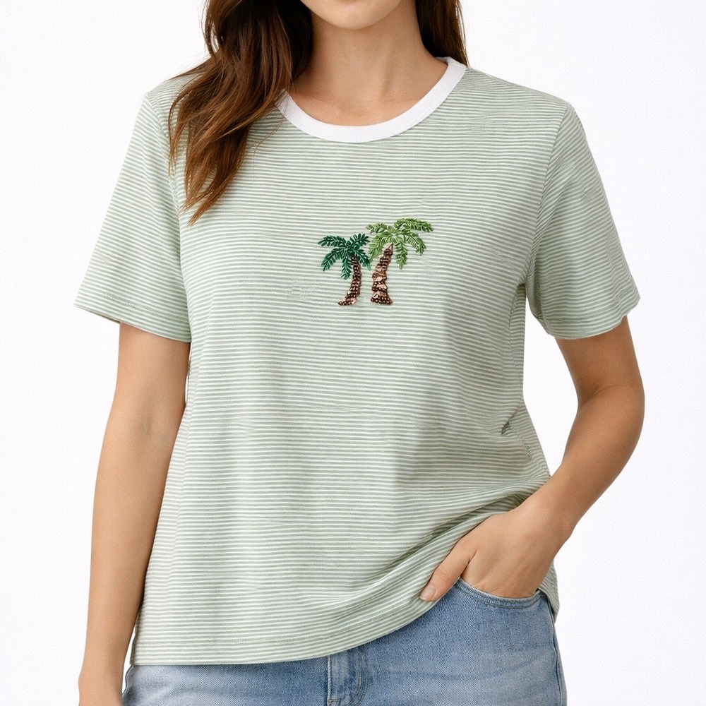 CORAL BAY 100%‎ Cotton Striped T-Shirt with Beaded Palm Trees. Size XL